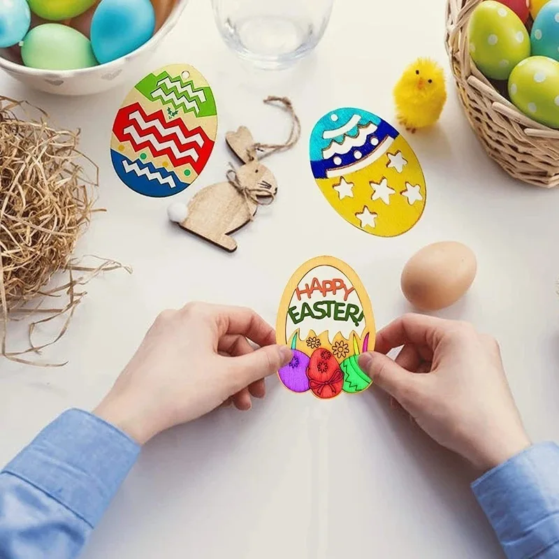 Wood Crafts Wooden Mix Easter Eggs Patterned Ornaments Crafts Handmade DIY Home Easter Decorations