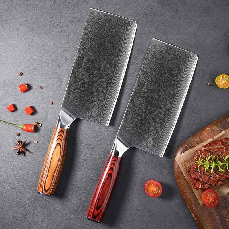New Design Damascus Knife 67 Layer Damascus Steel Kitchen Knives 7 inch Cleaver Knife with Turquoise Resin Pakkawood