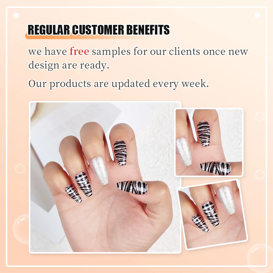 Glamorous animal theme leopard black line nails art with silver glitter nails shiny stylish medium coffin press on nails