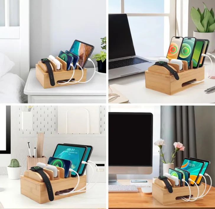 High Quality Bamboo Creative Multifunctional Desktop Wood Docking Station Organizer For Cell Phones