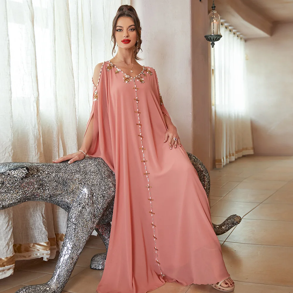 Custom Dubai Turkey Kaftan Muslim Cardigan Abayas Dresses Diamonds Chiffon Off Shoulder Party Gown Djellaba