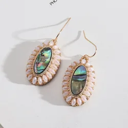 2022 New Bohemian Vintage Abalone Shell Geometric Oval Pearl Inlaid Turquoise Earrings For Women