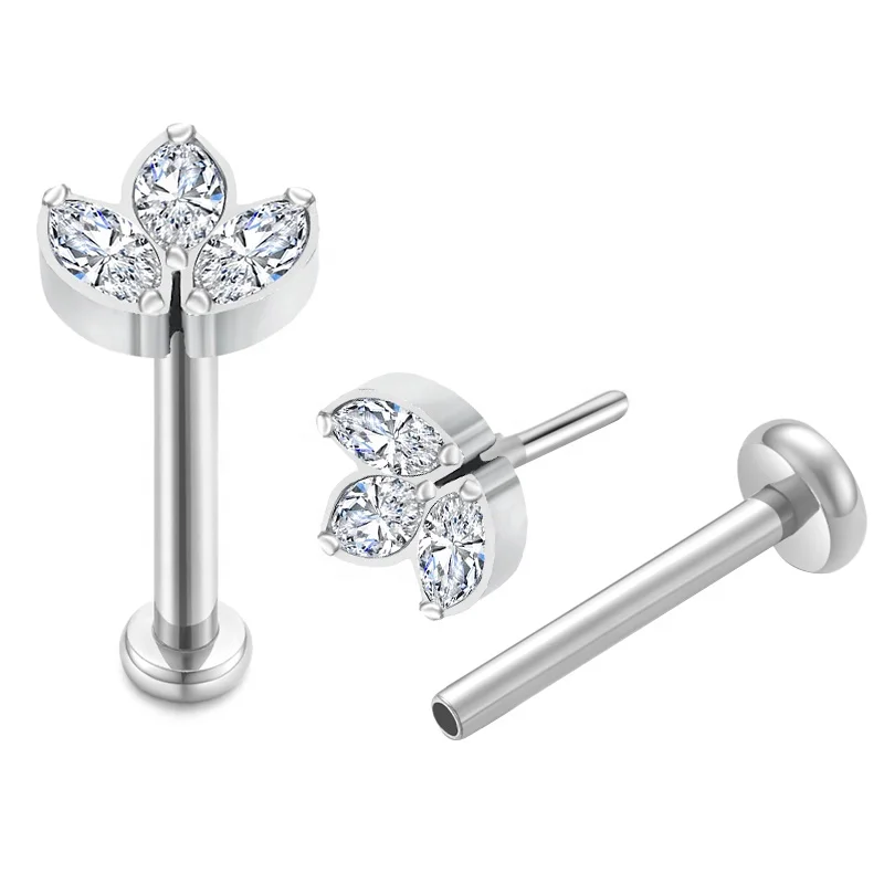 ASTM F 136 G23 Titanium leaf CZ prong set piercing labret studs cartilage earrings