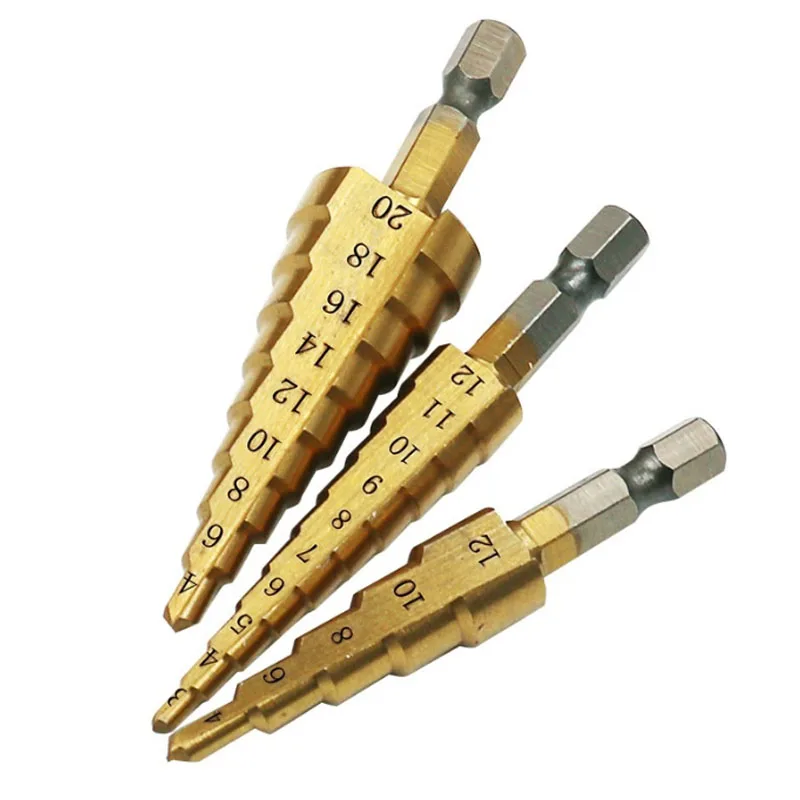 3Pcs Hexagon Shank Step Drill Sets 4-12mm 4-20mm 4-32mm High Speed Steel Straight Groove Drill Wood Metal Hole Cutter Drilling