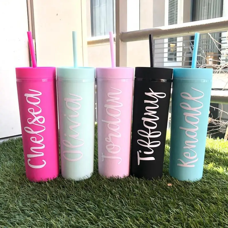 16oz 500ml Water  Coffee Drinking Double Wall Acrylic Plastic Cups Matte Printing Plastic SlimTumbler with Lid and Straw