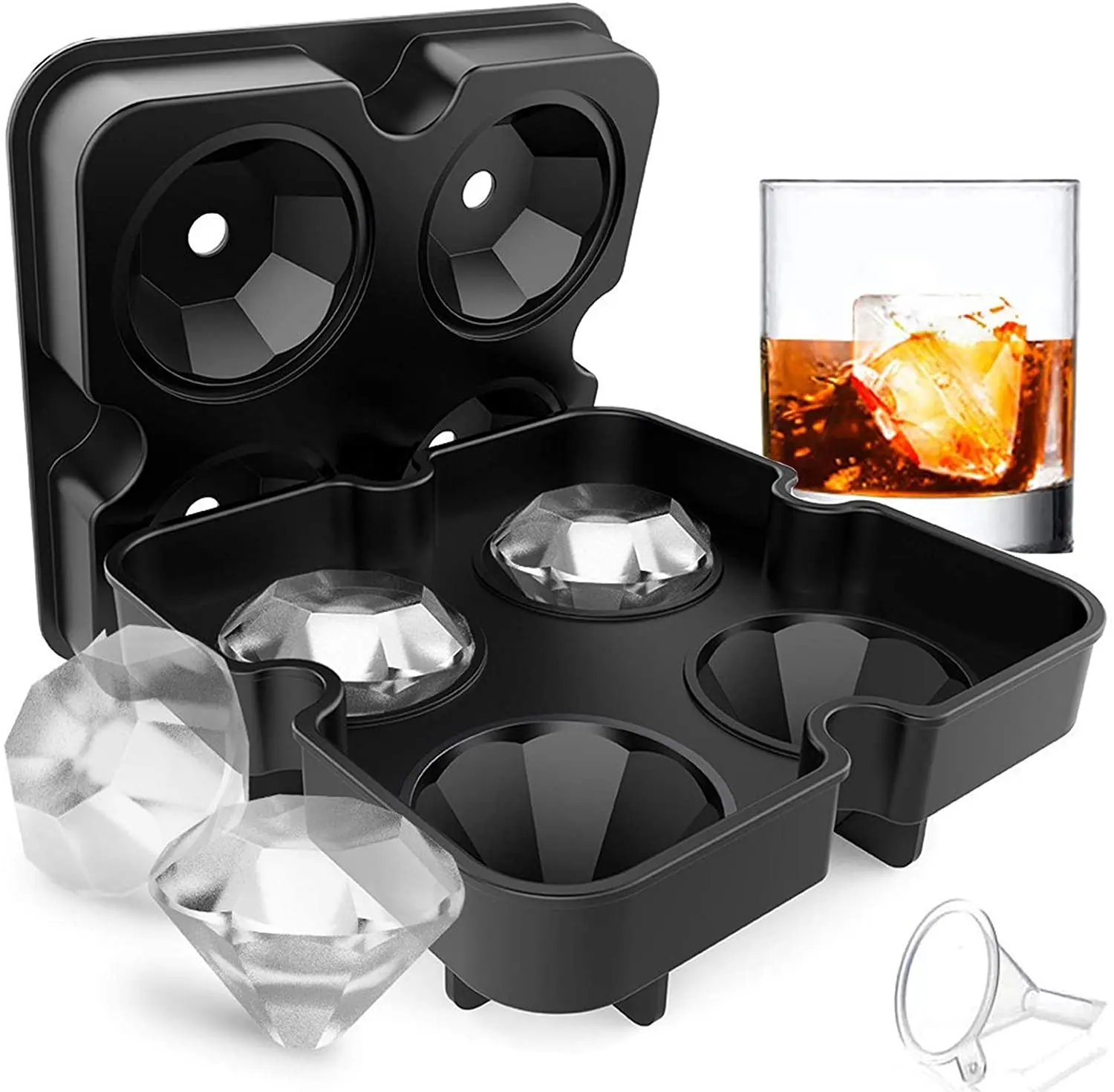  Reusable and BPA Free Diamond Silicone Ice Cube Mold 4 Cavity Large Sphere Whiskey Tray with