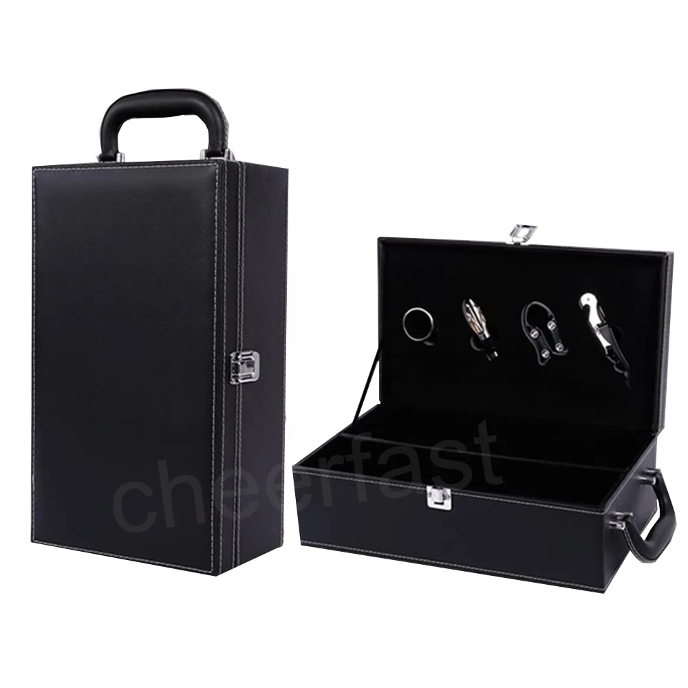 Cheerfast Manufacturer Pu Leather Double Wine 2 Bottle Box With 4pcs Bar Tools Accessories Set Vintage Leatherette Wine Box