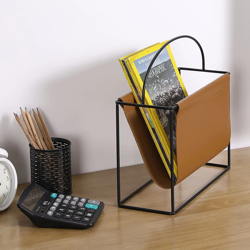 Modern Magazine Holder with Industrial Matte Black Metal Frame and Caramel Brown Leatherette Sling Hanging Storage Organizer
