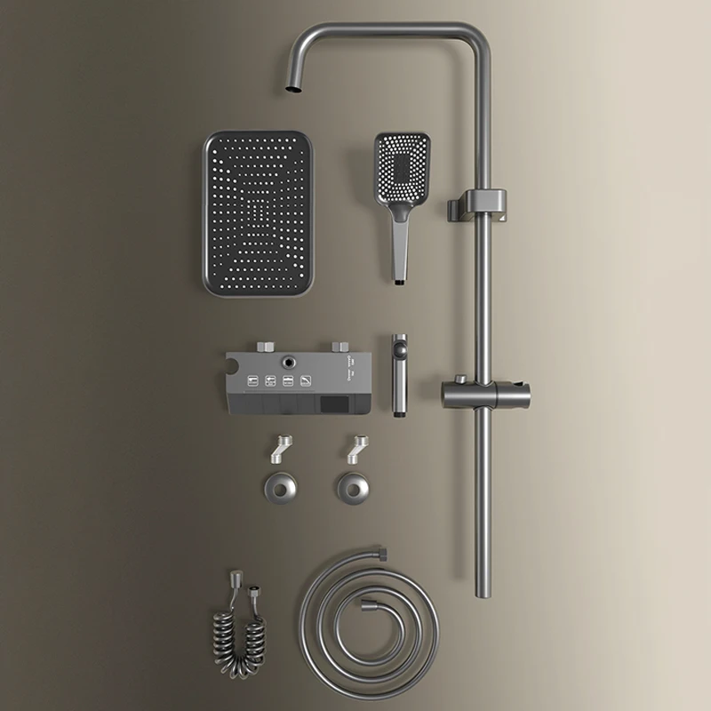 Top 1 Grey Piano LED Shower Set Digital Smart Brass Bathtub Rainfall Thermostatic Faucet Hot and Cold Rain