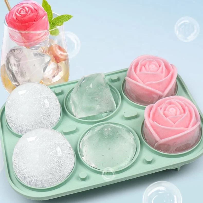 6 Holes Food Grade Rose Diamond Iced Making Mould Custom Logo Silicone Ice Cube Tray Pink Ice Ball Mold
