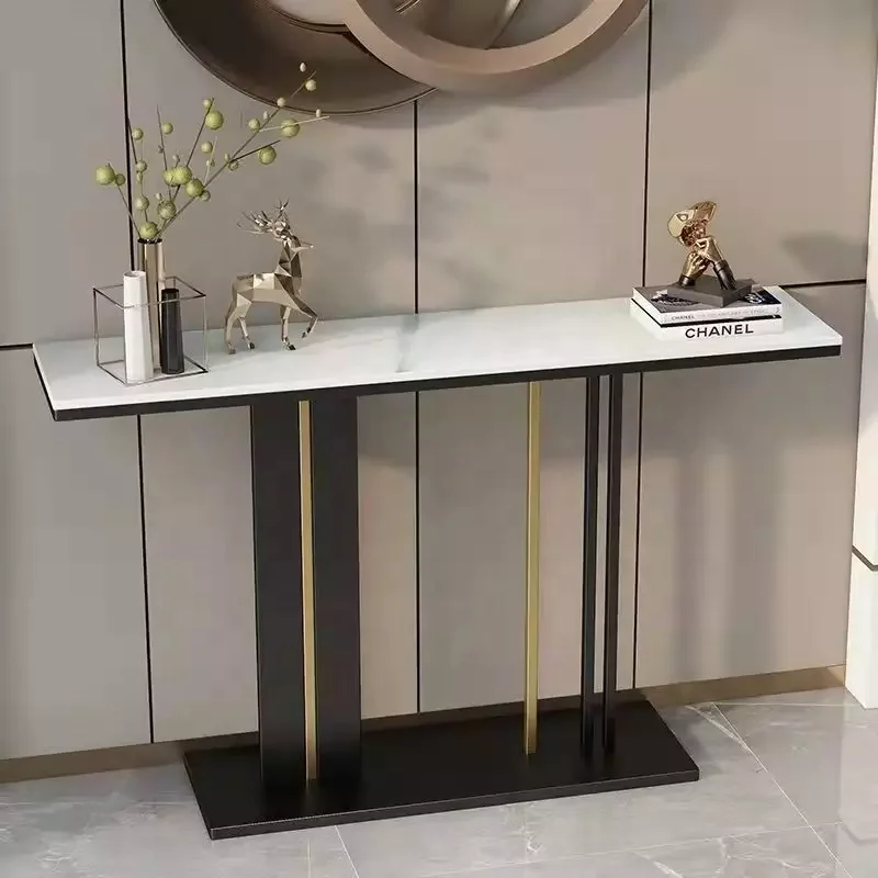 120CM Modern White Marble Pattern Tabletop TV Console Table Entryway Porch Table with Black Legs