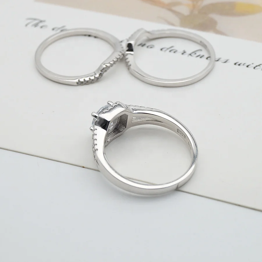 Wholesale solid silver jewelry 100% real 925 silver ring with CZ stones wedding and engagement rings set