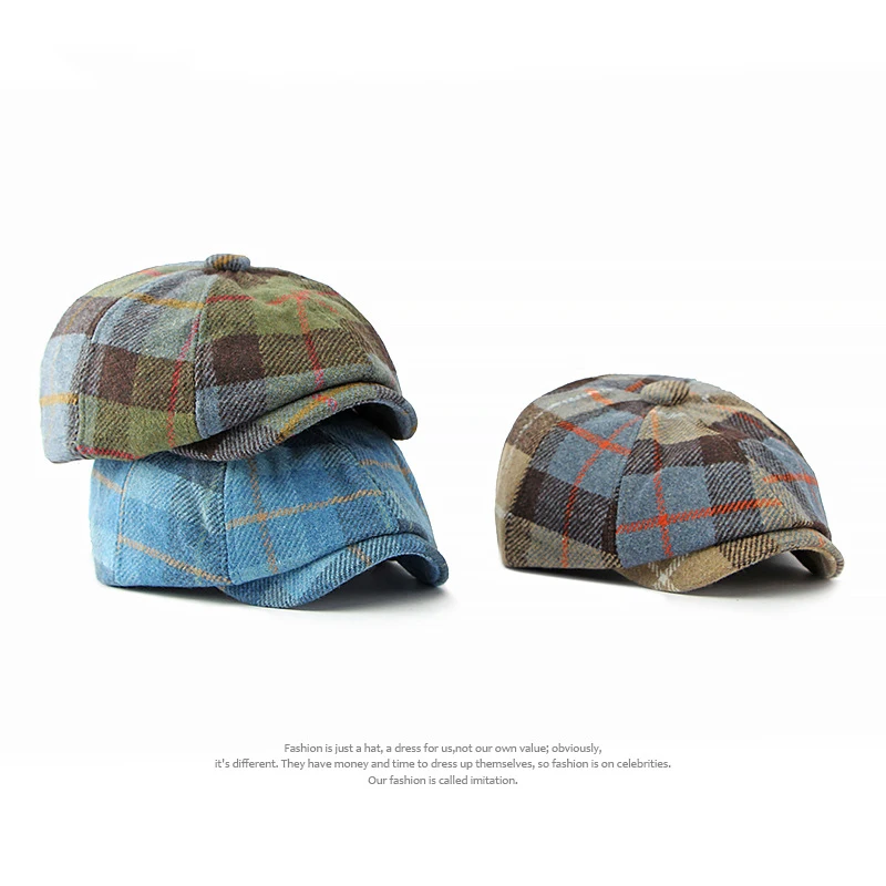 Hot Sale Men Women Kids Winter Warm Octagonal Cap Outside Windproof Woolen Flat Vintage Plaid  Driving Thick  Beret Painting Hat