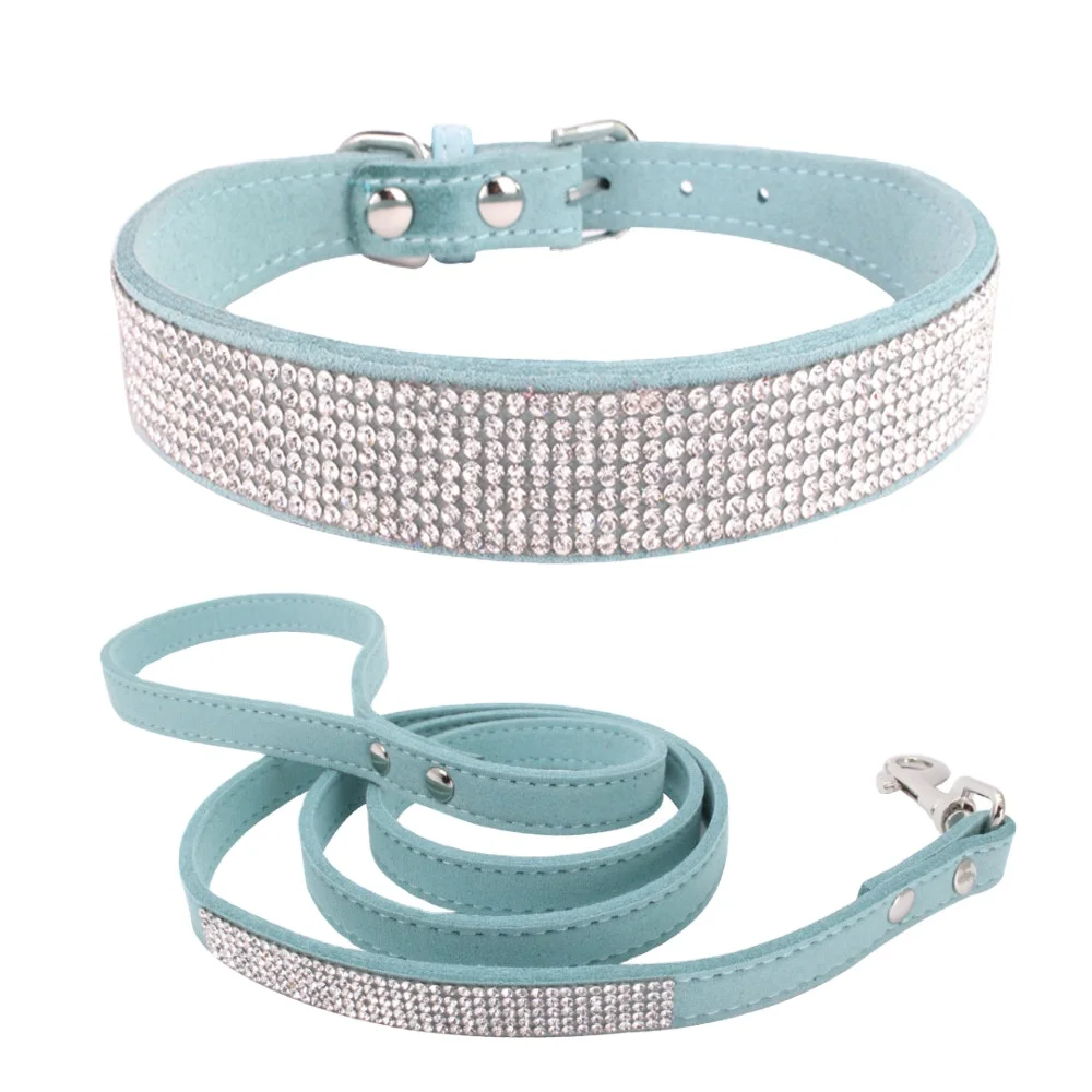 FASHION Crystal Dog Collars PU Leather Custom Diamond Luxury Pet Collar Dog Leash Soft Suede Leather Rhinestone Dog Collar