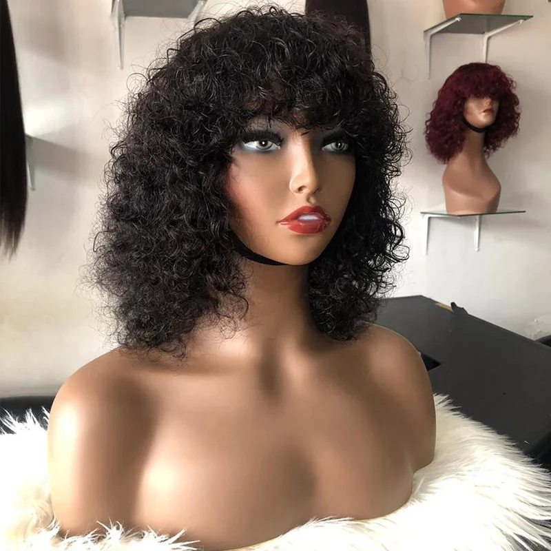 Недорогой парик Боб с челкой, бразильские виргинские человеческие волосы кудрявый парик с бахромой, оптовая продажа короткий парик Боб для черных женщин