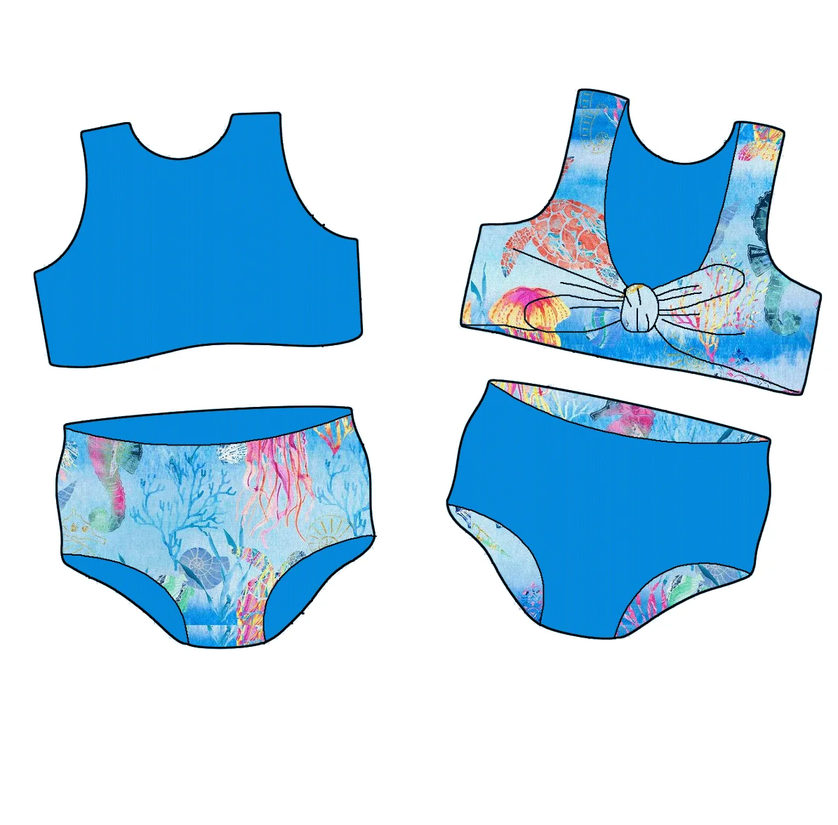 Custom mermaid princess designer  Children Two pieces Reversible swimsuits Girls bathing suits