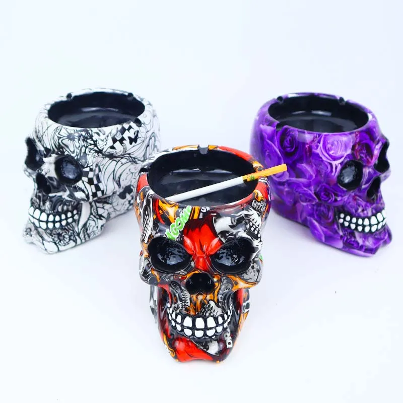 Creative Water Transfer Printing Artwork Halloween Scary Decor Gifts Resin Colorful Skull Ashtray Figurine