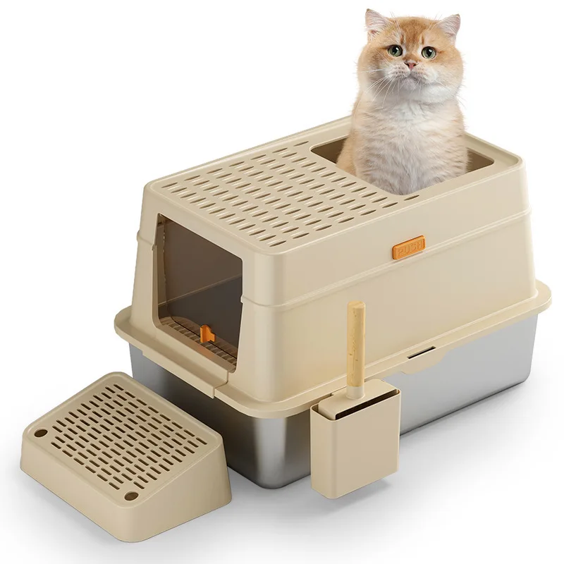 Front Entry Top Exit Kitty Litter Box  Stainless Steel Cat Litter Box Enclosed Large Cat Toilet Box
