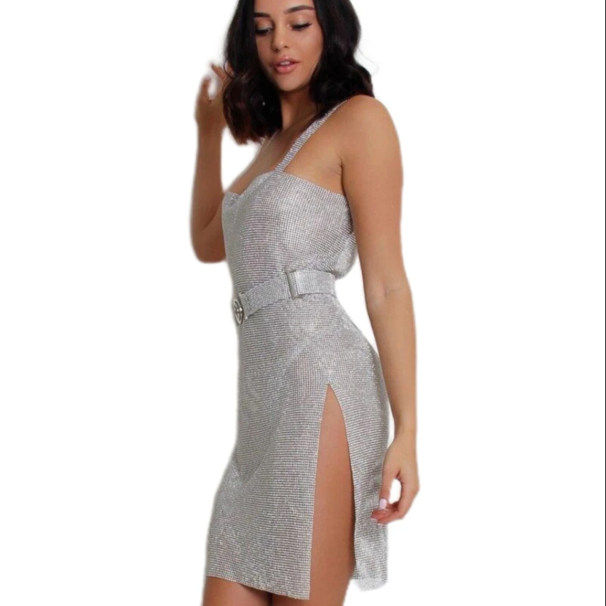 2021 new arrivals urban nightclub fashion trend sexy alluring sequin shining glitter newmond split halter skirt dress belt