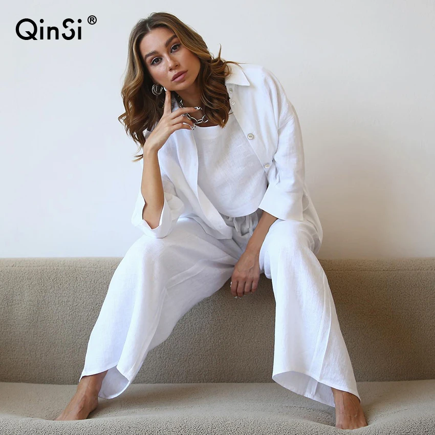 Брючные костюмы QINSI с высокой талией рукавом три четверти топы майка свободный домашний костюм из 3 предметов хлопковая одежда для сна