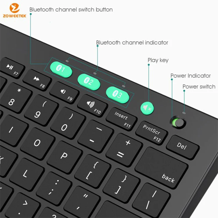 Zoweetek ZW-K09+ Portable Wireless Keyboard with 3 wireless Channel for MacBook/iPad/Tablet/PC/Laptop/Smart TV