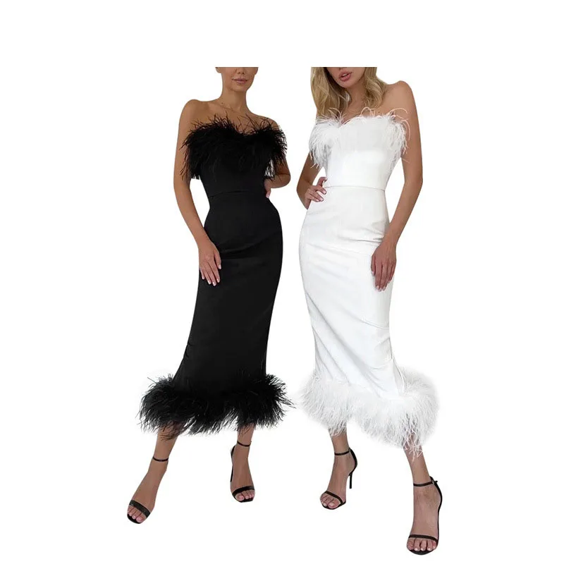 Prom Dresses 2022 Fashion Princess Lady Elegant Long Satin Feather Dress Pencil Evening Cocktail Bridesmaid Dresses