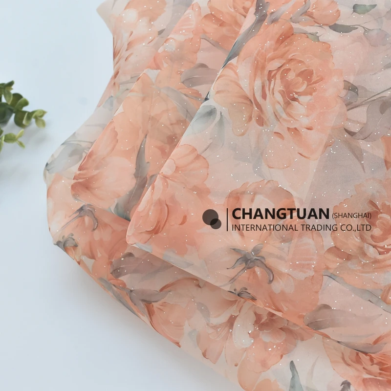 Wholesale High Quality Organza Fabric Shiny Silver Power Big Floral Printed Organza Fabric