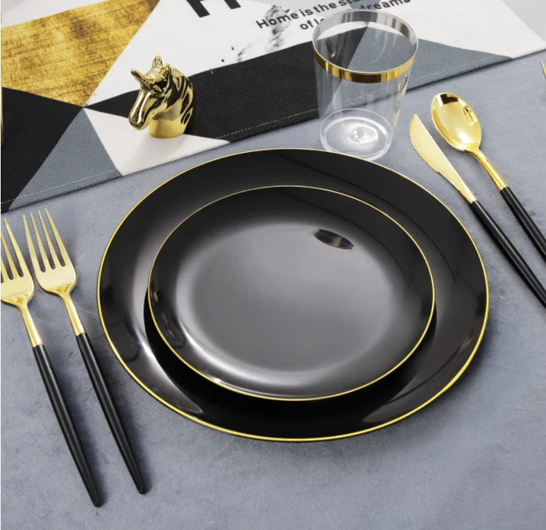 150pcs/sets Disposable tableware plastic PS Western food black gold border plate knife fork spoon wine glass White dinner plate