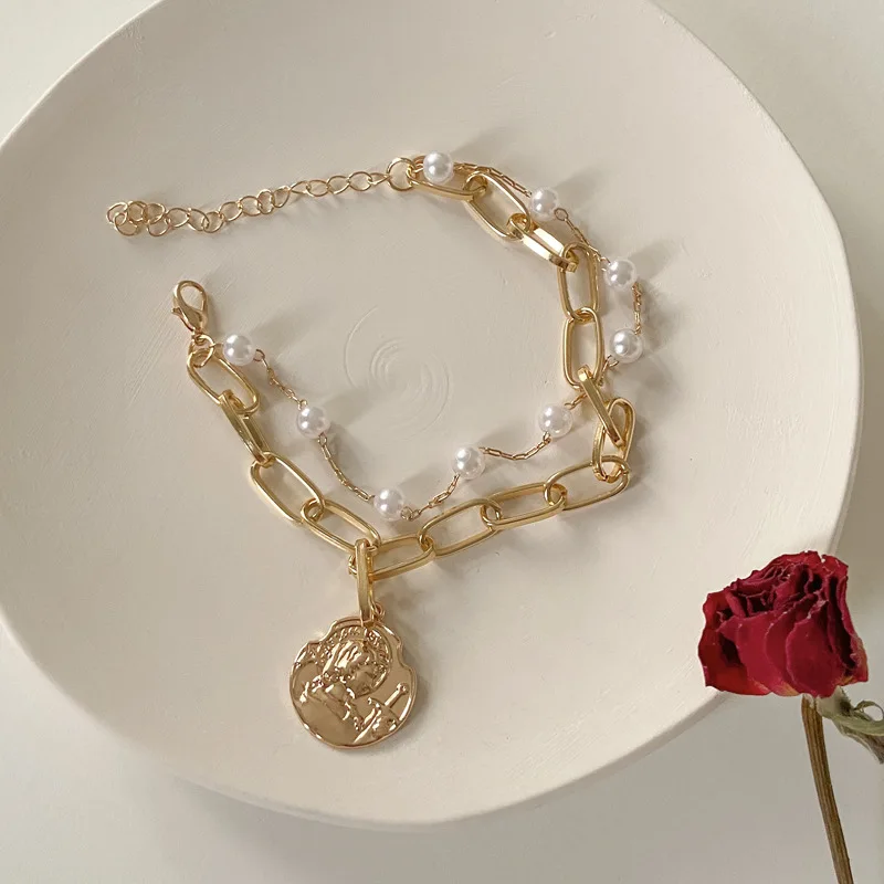 Pearl round embossed double layer bracelet European and American alloy jewelry factory direct spot