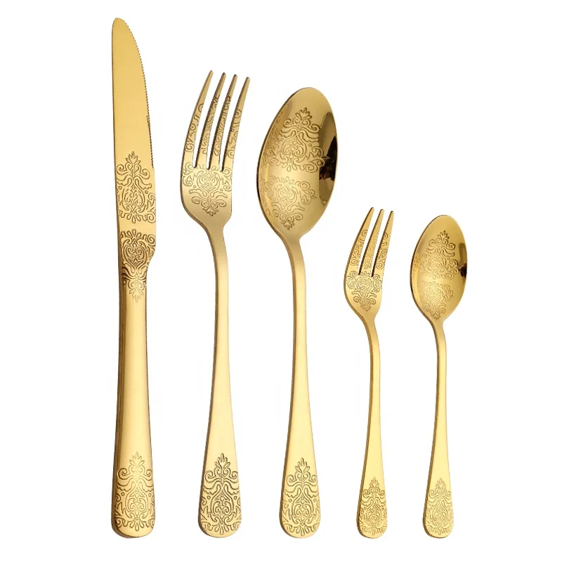 Zara Home Products Carving Golden Knife Fork Spoon Engraving 5Pcs Luxury Gold Silverware Set