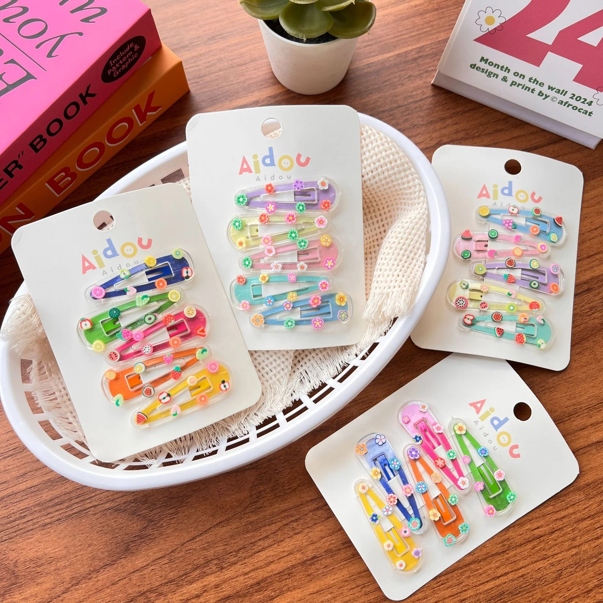 Candy color Kids BB clips with polymer clay fruit flower side bangs with baby girls hair clip