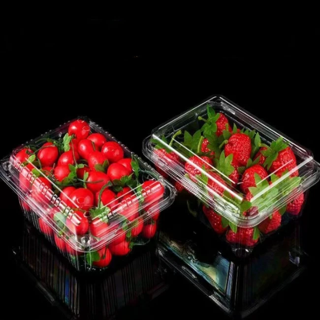Custom clear transparent food container PET plastic clamshell vegetable fruit packaging box for grape lychee cherry