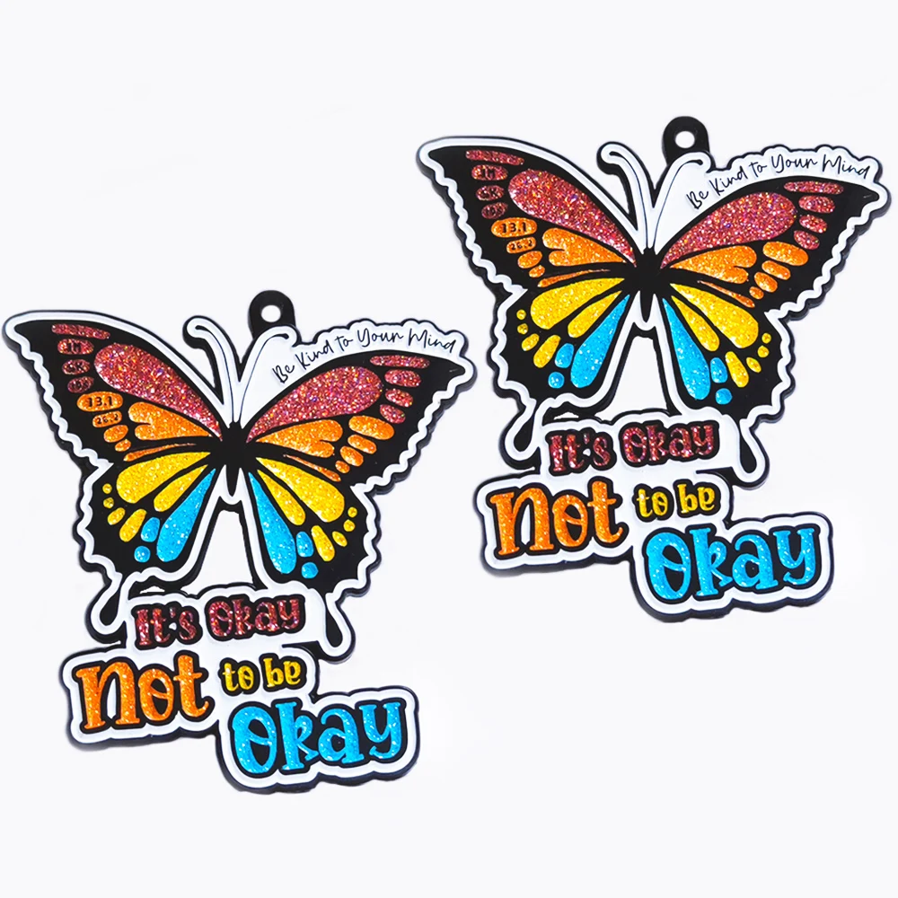 Promotional Custom Made Hard Enamel Glitter Butterfly Medal with Bespoke Sublimated Ribbon for Events and Competition medallero