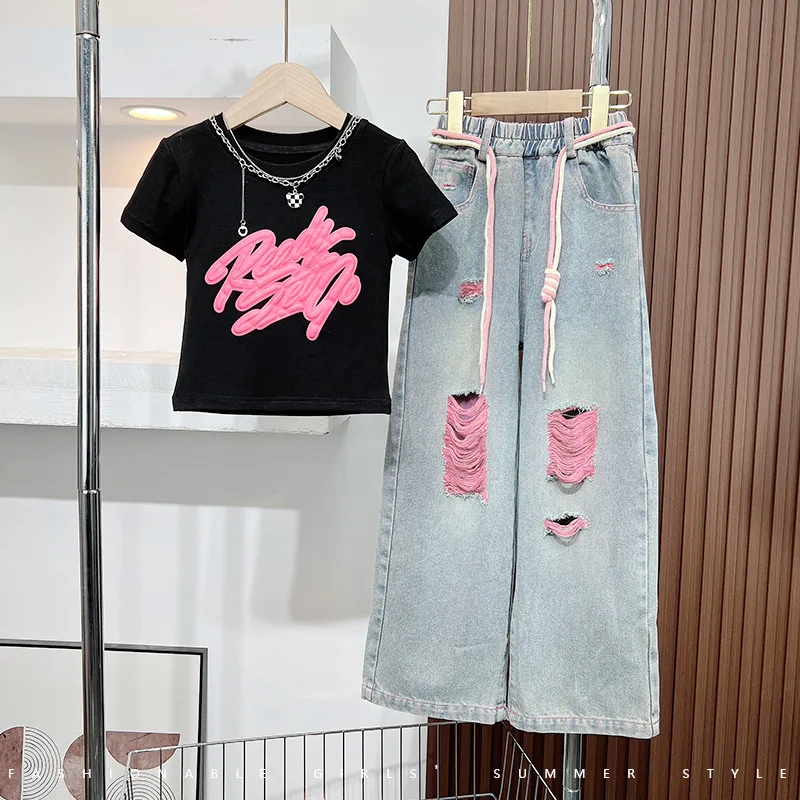 New fashion teen Girls Clothing set short sleeve printed T-shirt + ripped jeans pants clothing set for kids