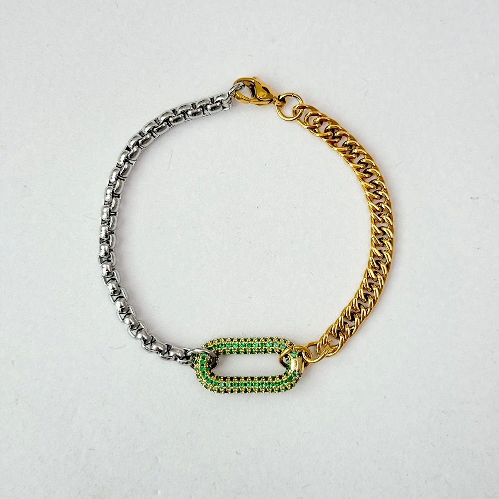 2024 New Unique Design 18k Gold Plated Stainless Steel Two Tone Splicing Chain Oval Full Zircon Charms Bracelet For Women MK3678