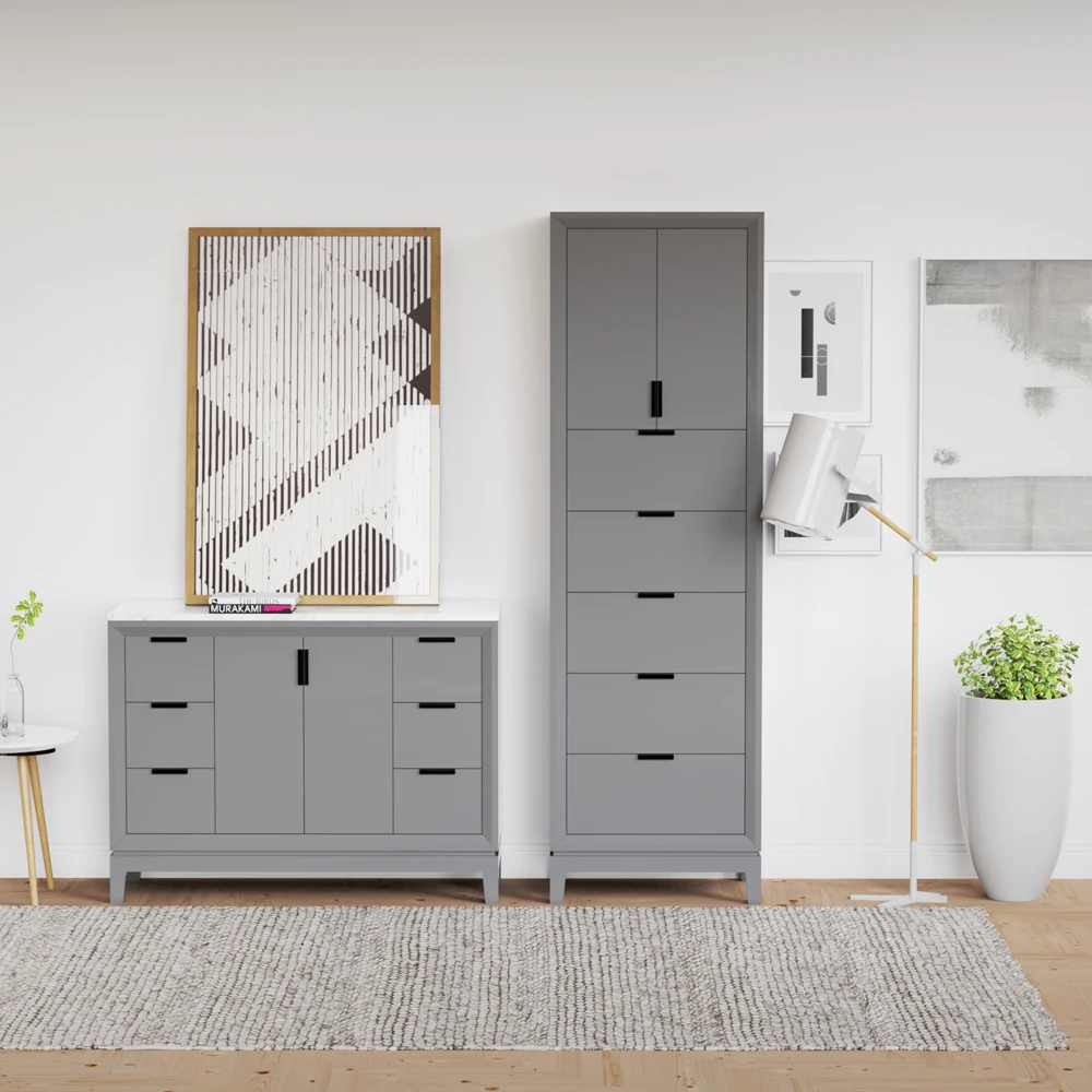 
living room modern wooden storage side cabinet with 2 door 5 drawer ,simple style gray washed wood tall cabinet 