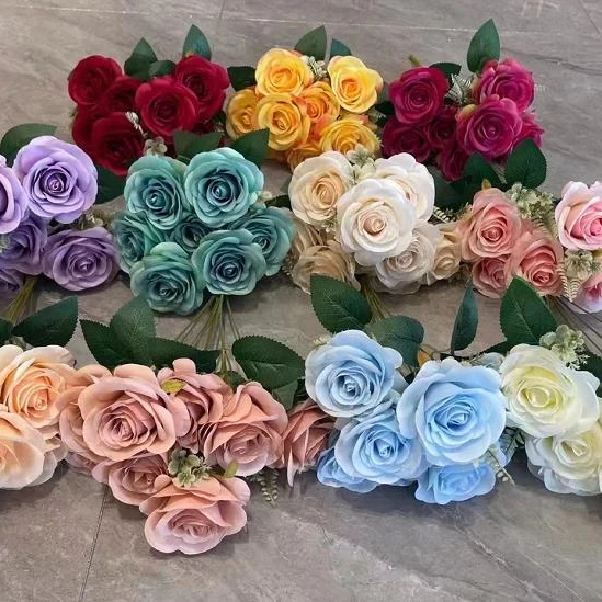 QSLH VF002 Wedding Bride Bouquet Artificial Flowers 9 Heads Rose Bouquet Artificial Flowers For Decor