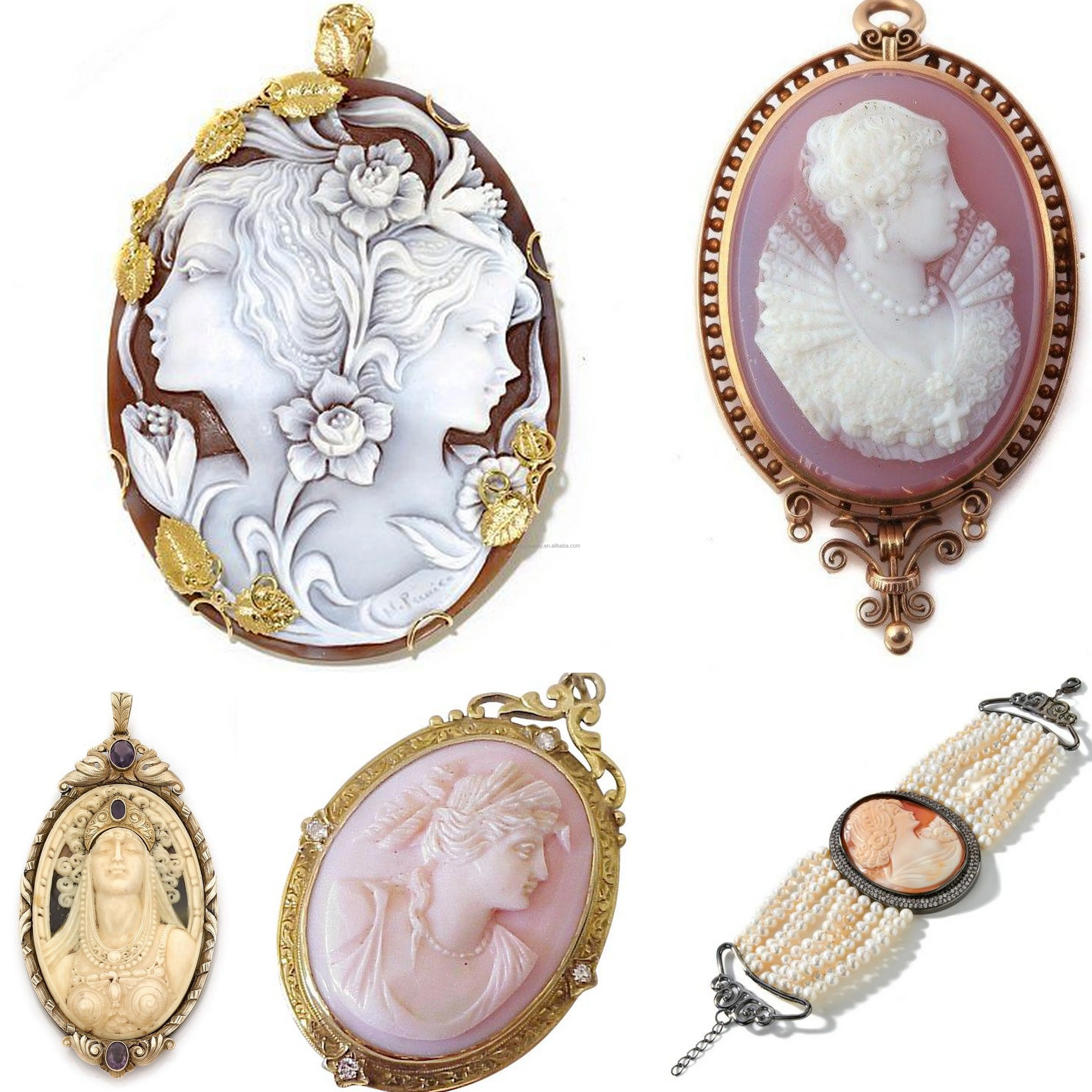 Factory Direct High Quality Customized Oval Shape Portrait Rhinestone Vintage Shell Cameo Pendant Brooch