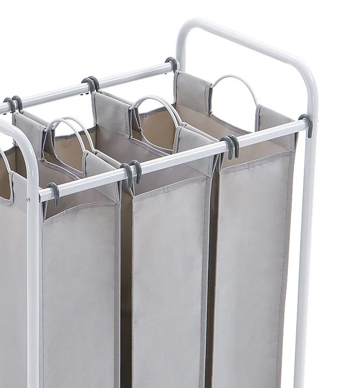Wholesale 3 Sections Fabric Laundry Hamper Basket Heavy Duty Metal Dirty Clothes Bag With Wheels .