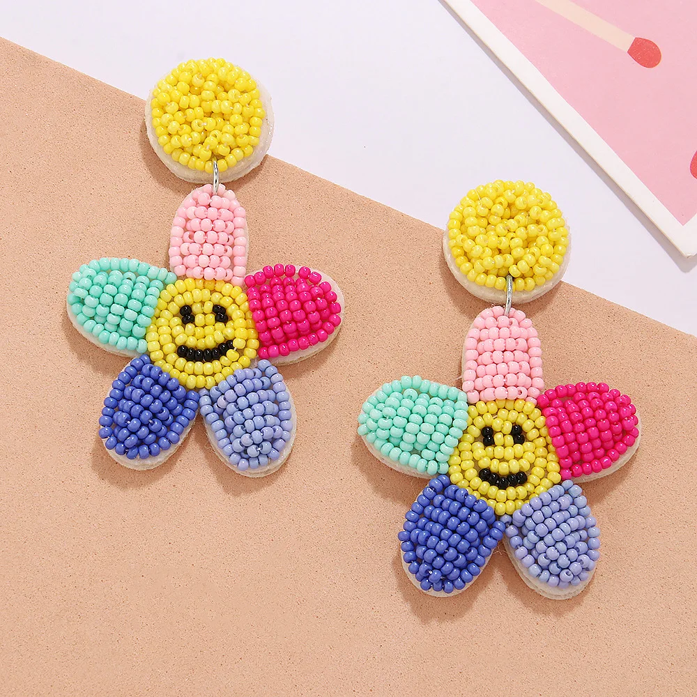 European and American New Colored Flower Cute Cartoon Smiling Face Fashion Versatile Creative Handmade Rice Ball Earrings