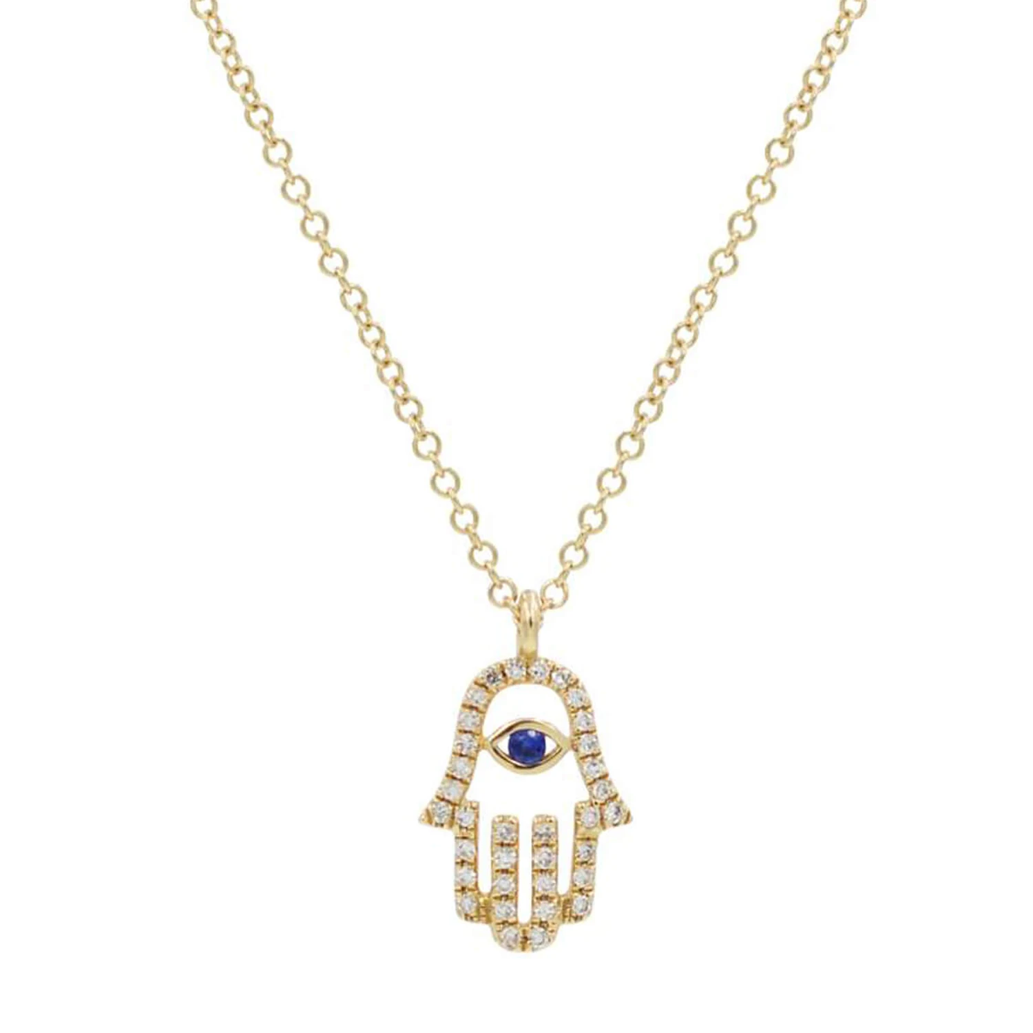 Fashion cz diamond hamsa hand necklace with blue sapphire, fantasy 14k gold jewelry women jewelry