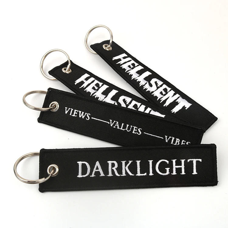 Wholesale Custom Private Brand Name Logo Promotional OEM Fully Embroidered Metal Ring Keychains