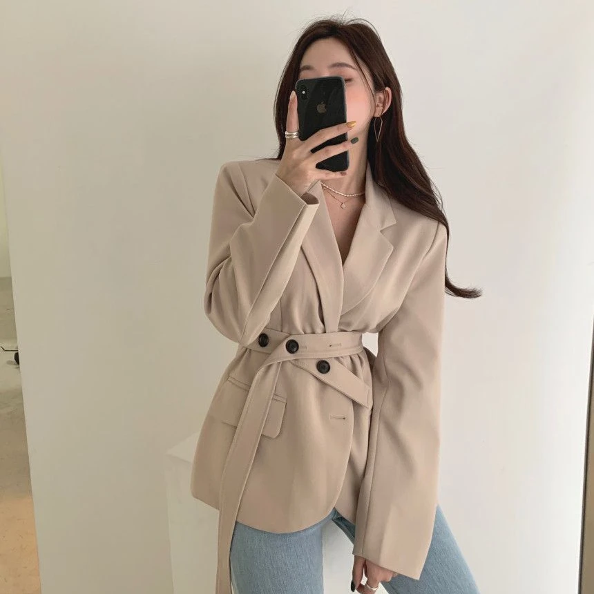 Весна Осень Новые модные блейзеры для женщин шикарный топ офисный Блейзер женские корейские стильные модели с ремнем пальто повседневная одежда