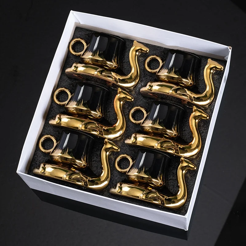 TAOXIN 90cc Ceramic Camel saucer and mug set  with golden handle and design 6 sets