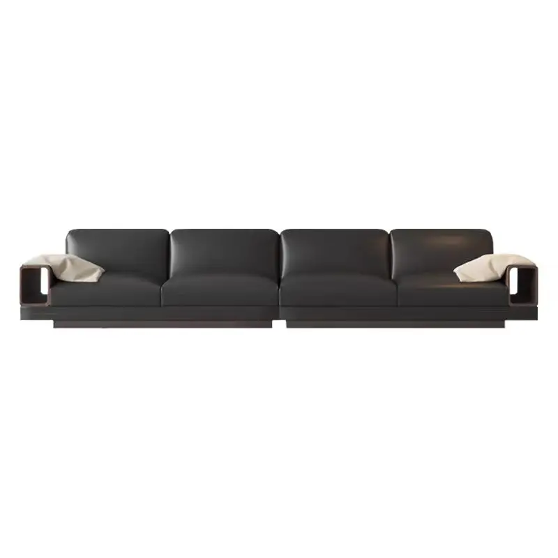 Italian Designer 4-Seater Modular Black Leather Sofa Large Sized Living Room Furniture Set for Hotels and Gyms