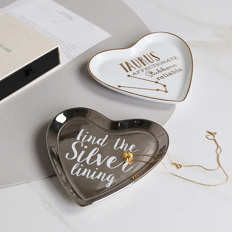 High Performance Exquisite Gold Rim Heart Shape Table Decoration Jewelry Tray for Wedding Gift