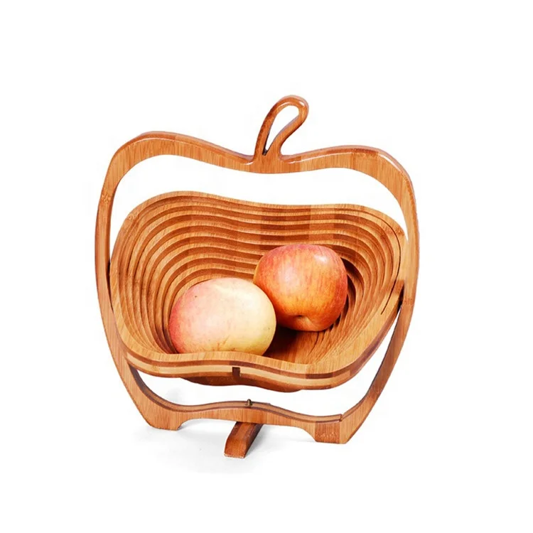 Hot new products spiral-cut apple shape collapsible bamboo wooden fruit basket