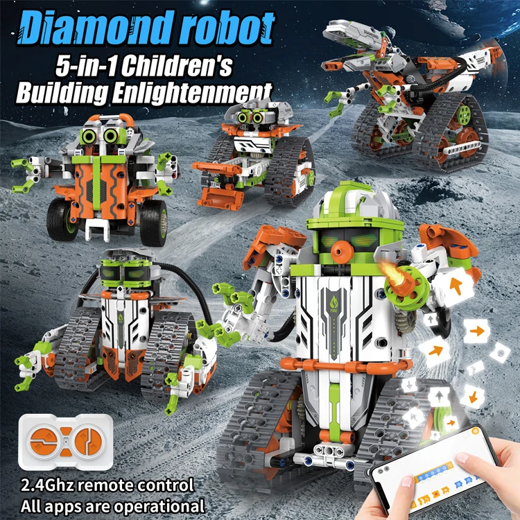 593 Pcs 5 in 1 APP Control Programming Robot Building Blocks Kit Science 2.4Ghz Rechargeable RC Stunt Racer Tank 3D Toy
