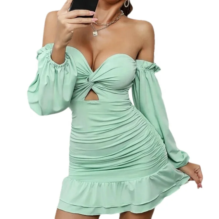 custom 2022 lady elegant casual summer fashion luxury women sexy wholesale Off Shoulder Bishop Sleeve Cut Out Ruched mini Dress
