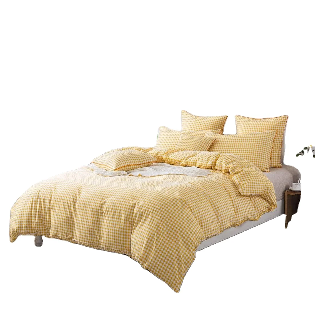 Yellow Plaid Duvet Cover Set Queen 100% Cotton Ultra Soft Grid Bedding Reversible Gingham Geometric Checker Bedding Set